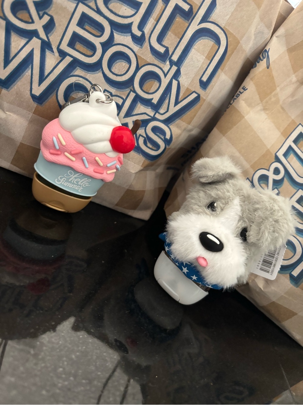 2 Bath & Body Works Pink & White Ice Cream and Gray Puppy Hand Sanitizer Holders